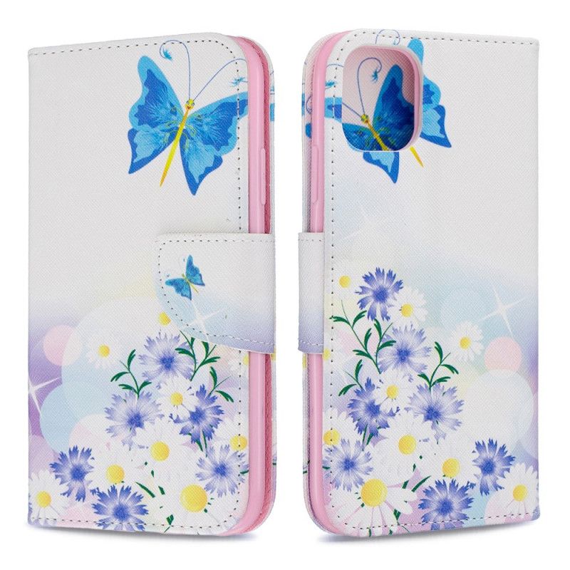 Leren Hoesje iPhone 11 Lichtblauw Magenta Telefoonhoesje Geschilderde Vlinders En Bloemen