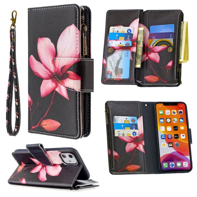 Leren Hoesje iPhone 11 Wit Zwart Bloemenzak Met Ritssluiting