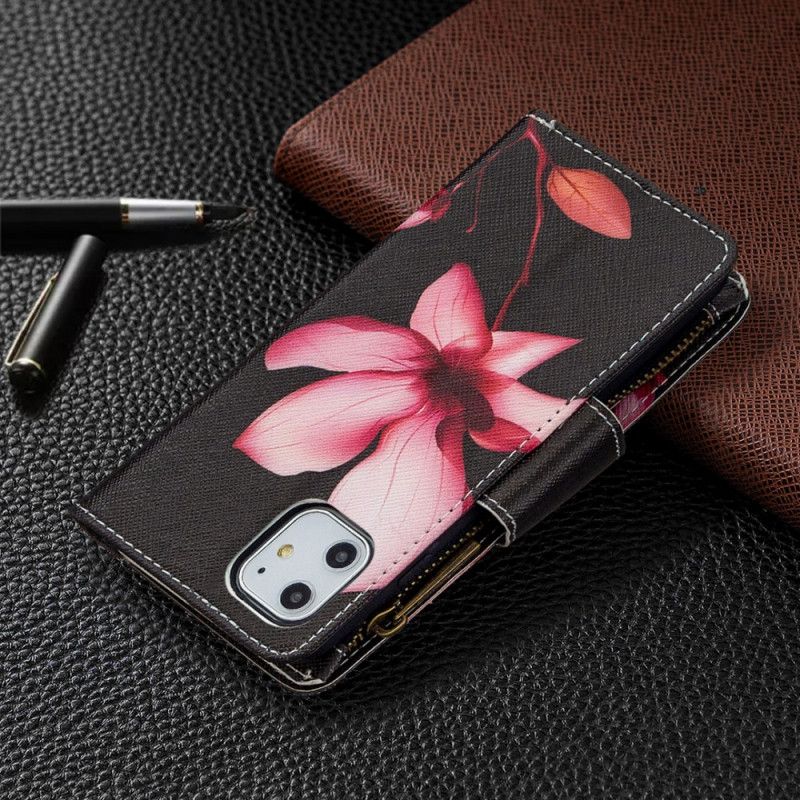 Leren Hoesje iPhone 11 Wit Zwart Bloemenzak Met Ritssluiting