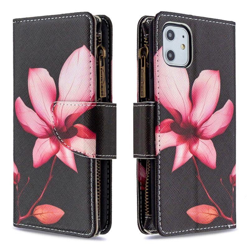 Leren Hoesje iPhone 11 Wit Zwart Bloemenzak Met Ritssluiting