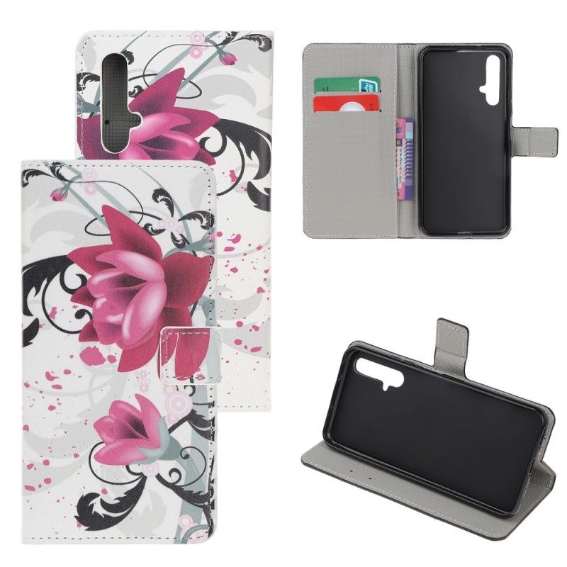 Flip Case Leren Honor 20 Roze Magenta Tropische Bloemen