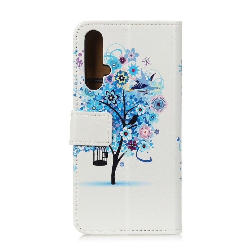 Leren Hoesje Honor 20 Donkerblauw Groen Bloeiende Boom