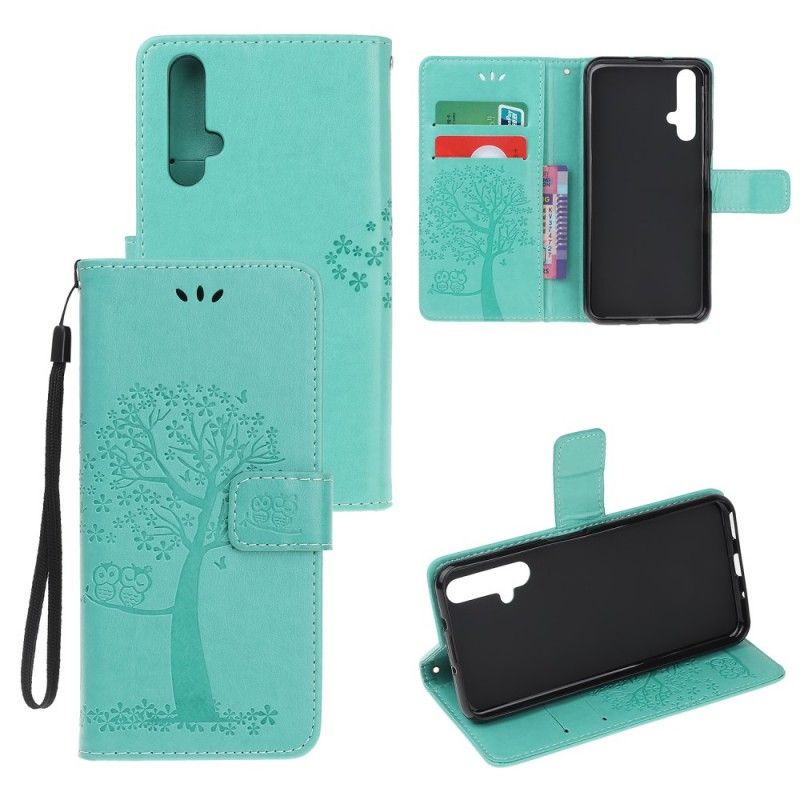 Leren Hoesje Honor 20 Groen Grijs Telefoonhoesje Boom En String Uilen