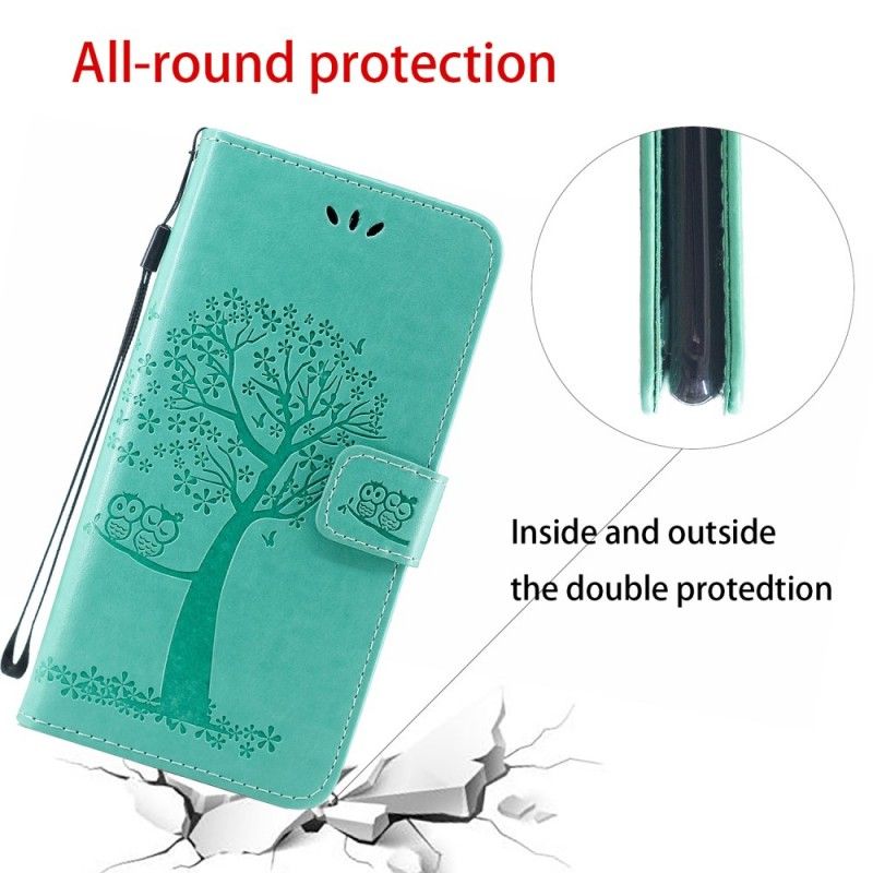 Leren Hoesje Honor 20 Groen Grijs Telefoonhoesje Boom En String Uilen