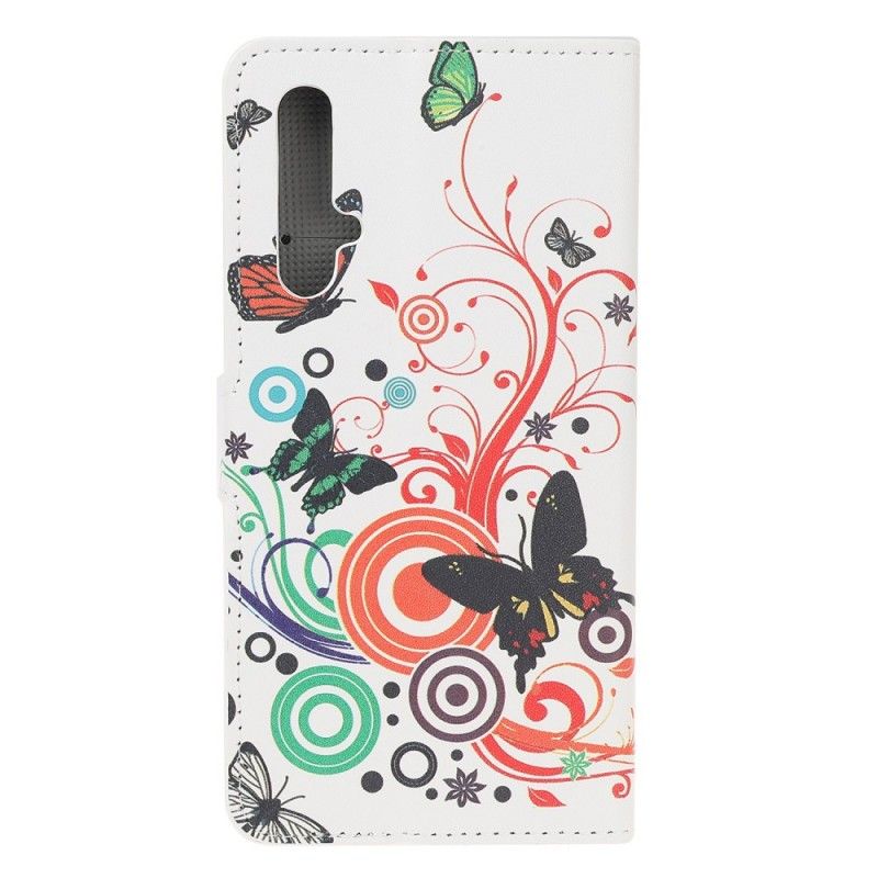 Leren Hoesje Honor 20 Wit Vlinders En Bloemen