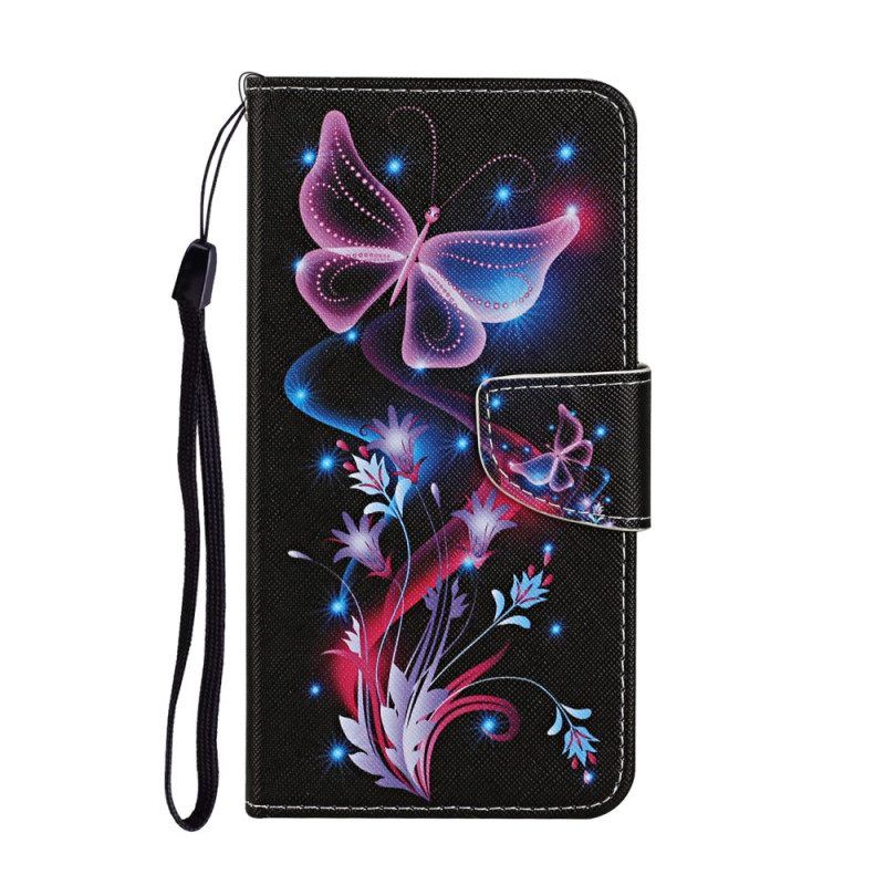 Leren Hoesje voor Samsung Galaxy S22 Ultra 5G Vlinders En Lanyard