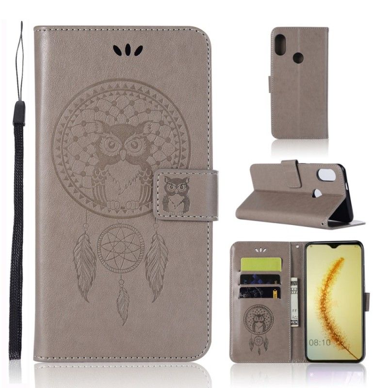 Cover Folio-hoesje Honor 10 Lite Grijs Zwart Telefoonhoesje Uil Dromenvanger Met Leereffect