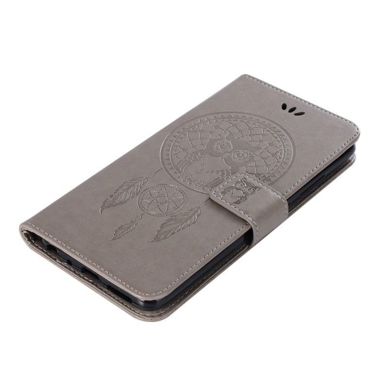 Cover Folio-hoesje Honor 10 Lite Grijs Zwart Telefoonhoesje Uil Dromenvanger Met Leereffect