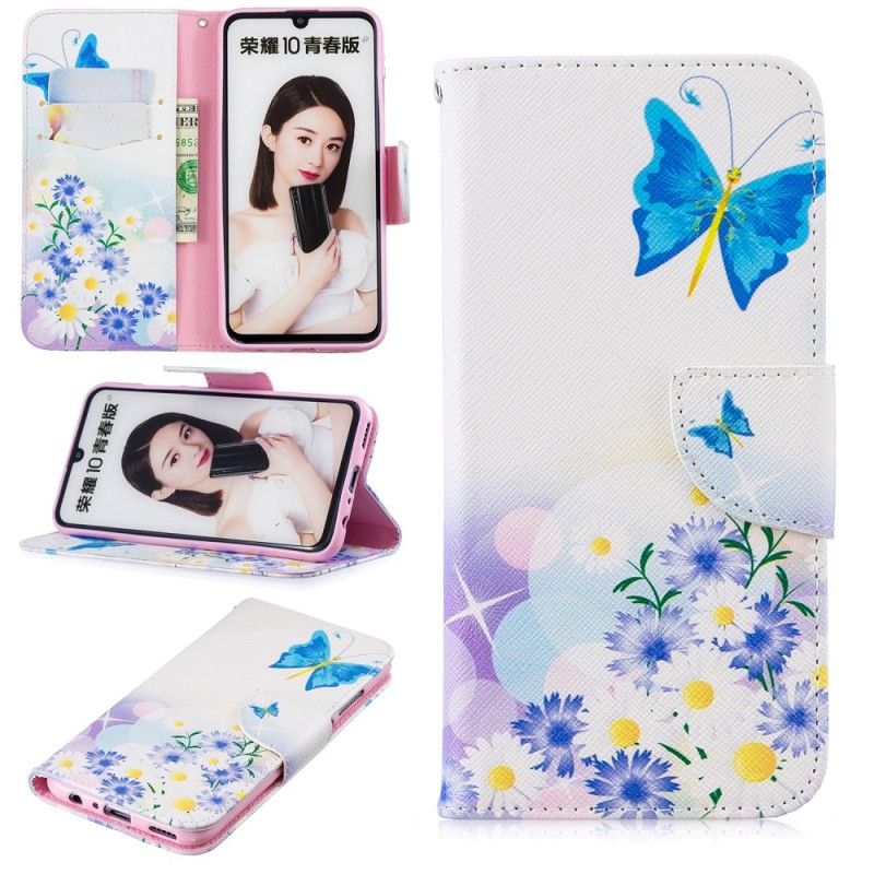 Leren Hoesje voor Honor 10 Lite Lichtblauw Geschilderde Vlinders En Bloemen