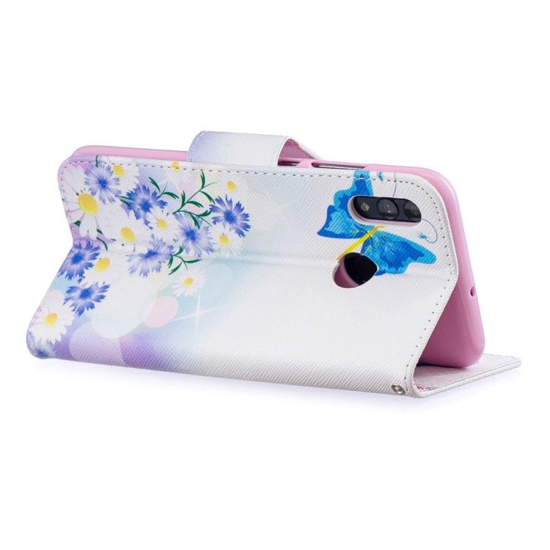 Leren Hoesje voor Honor 10 Lite Lichtblauw Geschilderde Vlinders En Bloemen