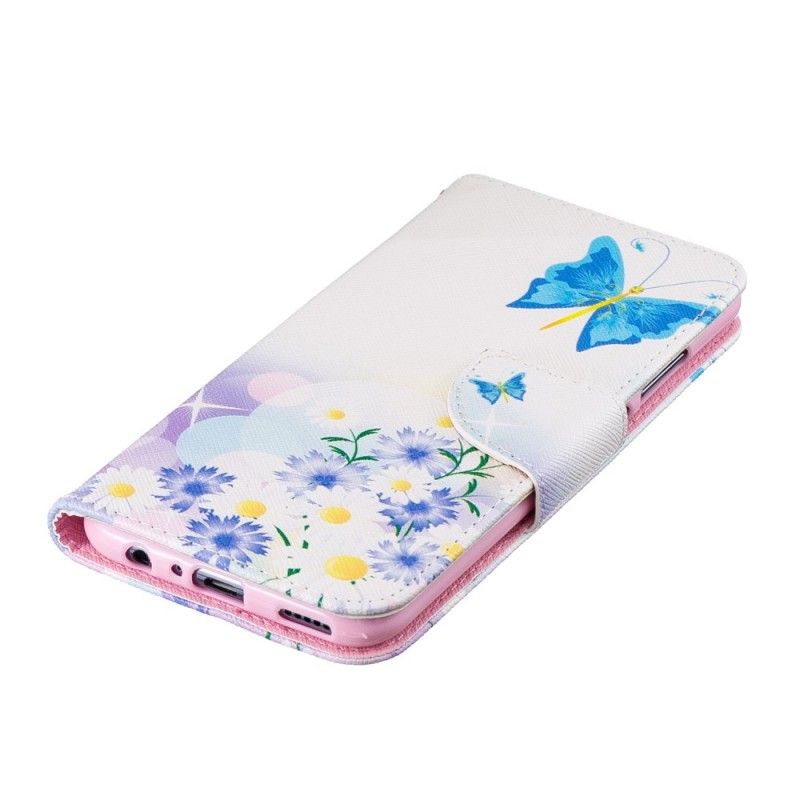 Leren Hoesje voor Honor 10 Lite Lichtblauw Geschilderde Vlinders En Bloemen