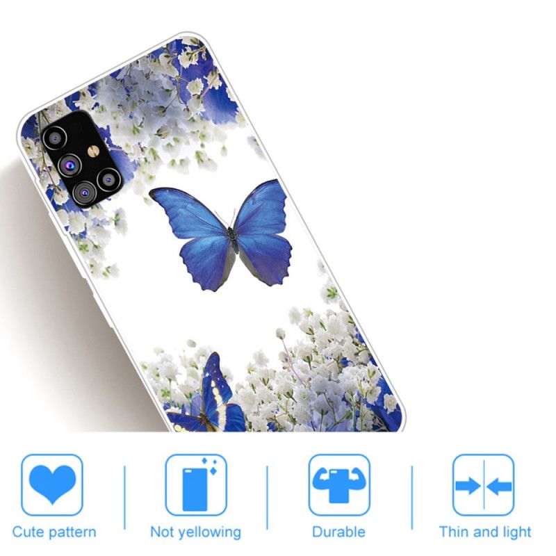 Case Hoesje Samsung Galaxy M51 Goud Donkerblauw Telefoonhoesje Design Vlinders