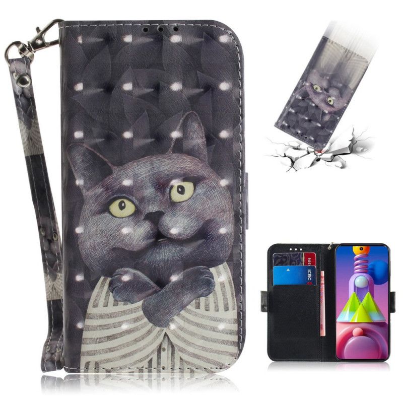 Cover Folio-hoesje Samsung Galaxy M51 Telefoonhoesje Grijze Kat Met String