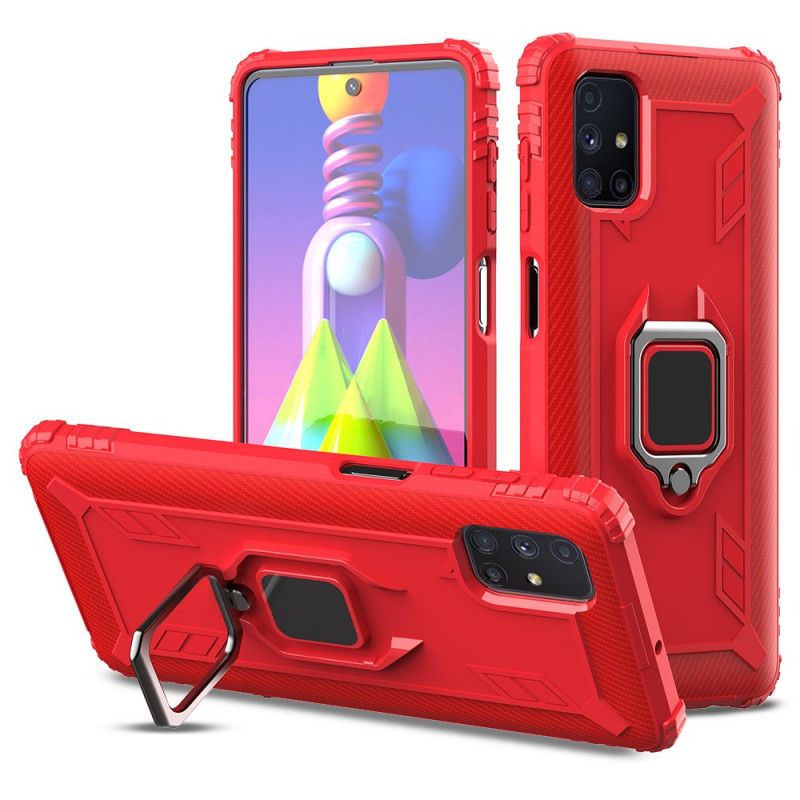 Cover Hoesje Samsung Galaxy M51 Rood Zwart Telefoonhoesje Ring En Koolstofvezel