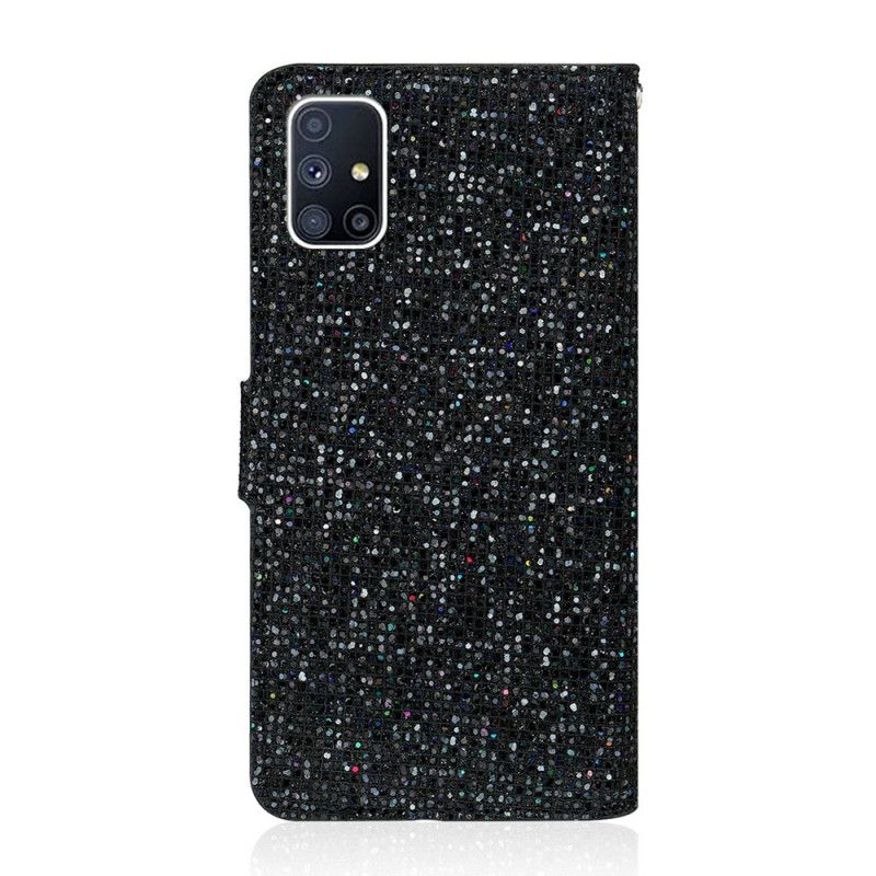 Flip Case Leren Samsung Galaxy M51 Donkerblauw Zwart Ontwerp Met Glitter