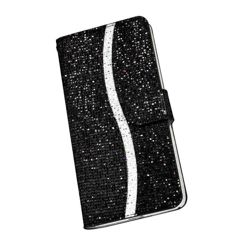 Flip Case Leren Samsung Galaxy M51 Donkerblauw Zwart Ontwerp Met Glitter