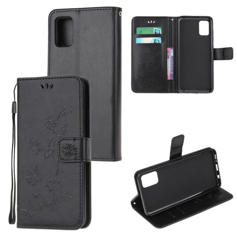 Flip Case Leren Samsung Galaxy M51 Grijs Zwart Vlinders En Stringbloemen