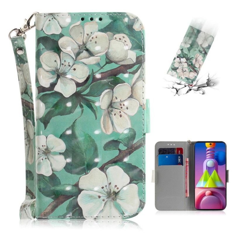 Flip Case Leren Samsung Galaxy M51 Groen Grijs Bloeiende Boom Met String