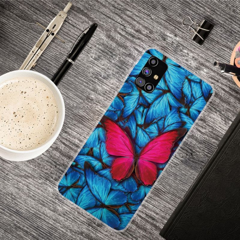 Hoesje Samsung Galaxy M51 Donkerblauw Zwart Flexibele Vlinders