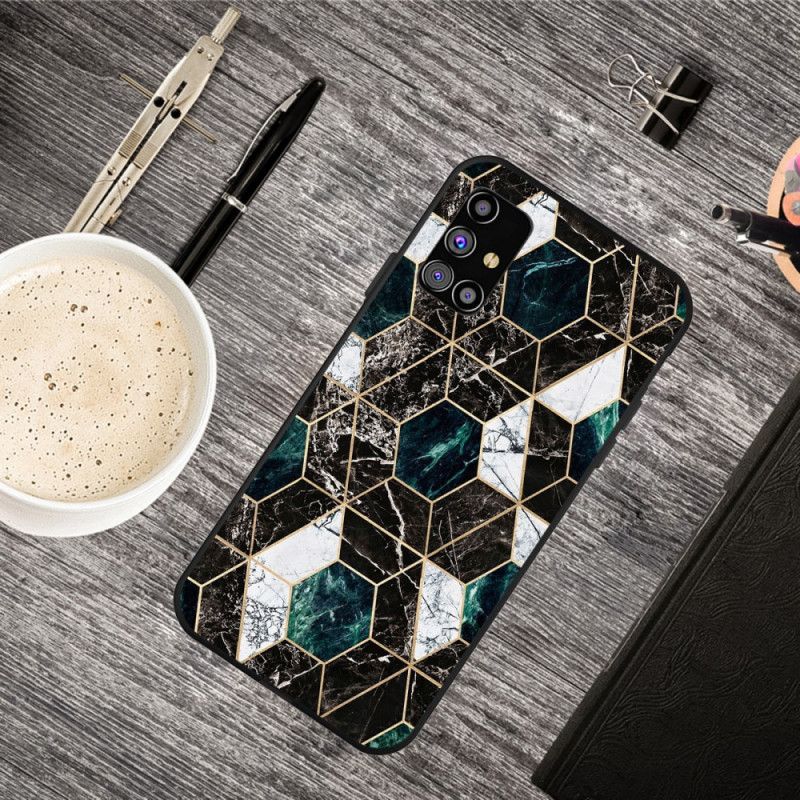 Hoesje Samsung Galaxy M51 Wit Zwart Marmerkleurige Geometrie