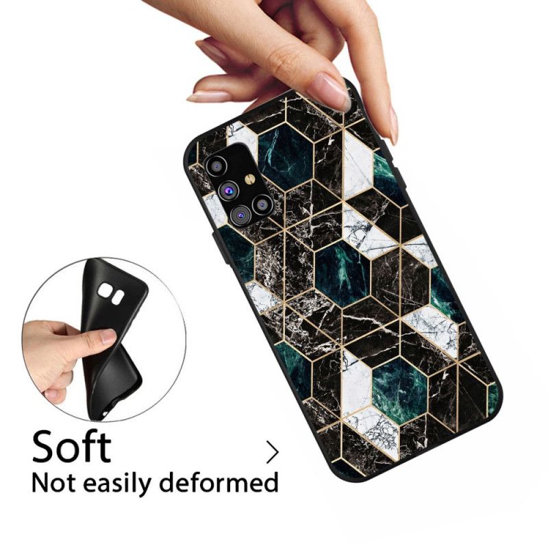 Hoesje Samsung Galaxy M51 Wit Zwart Marmerkleurige Geometrie