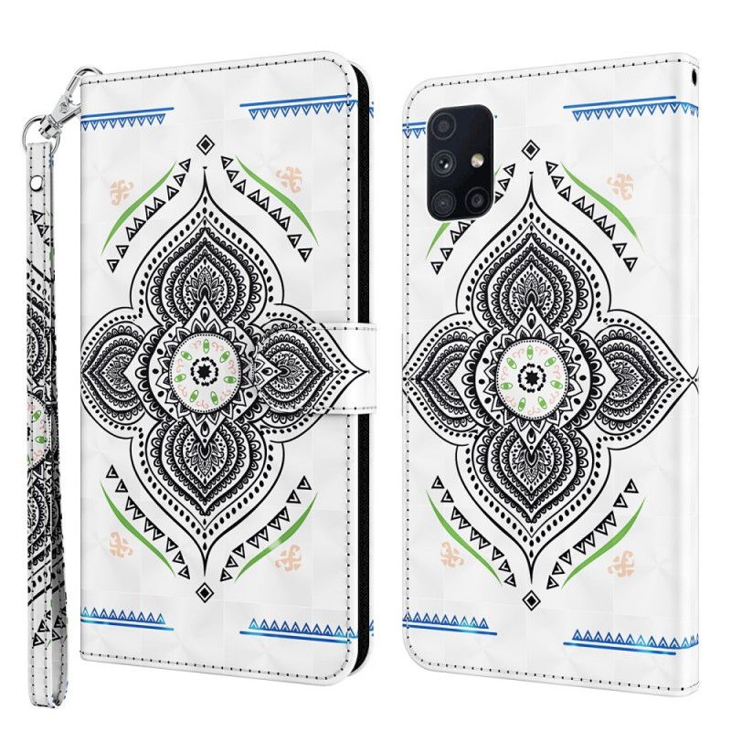 Leren Hoesje Samsung Galaxy M51 Donkerblauw Wit Lichtvlekjes Mandala Met Riempje