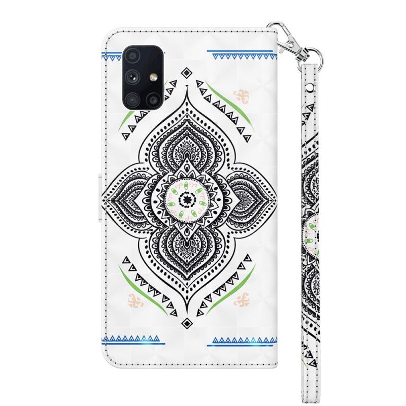 Leren Hoesje Samsung Galaxy M51 Donkerblauw Wit Lichtvlekjes Mandala Met Riempje