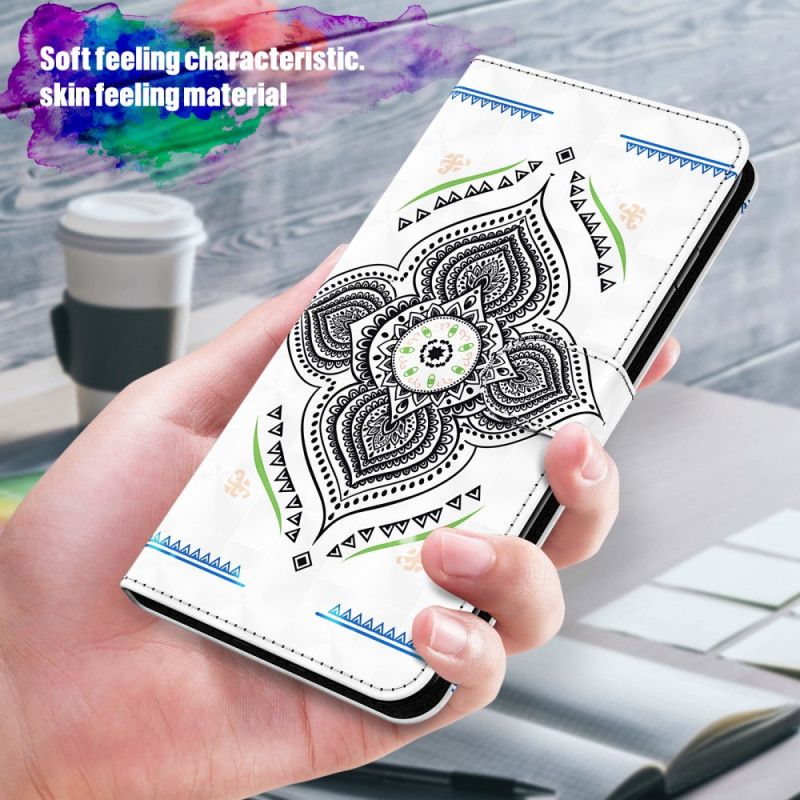 Leren Hoesje Samsung Galaxy M51 Donkerblauw Wit Lichtvlekjes Mandala Met Riempje