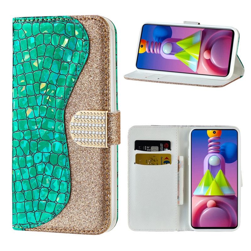 Leren Hoesje Samsung Galaxy M51 Lichtblauw Groen Krokodil Diamanten