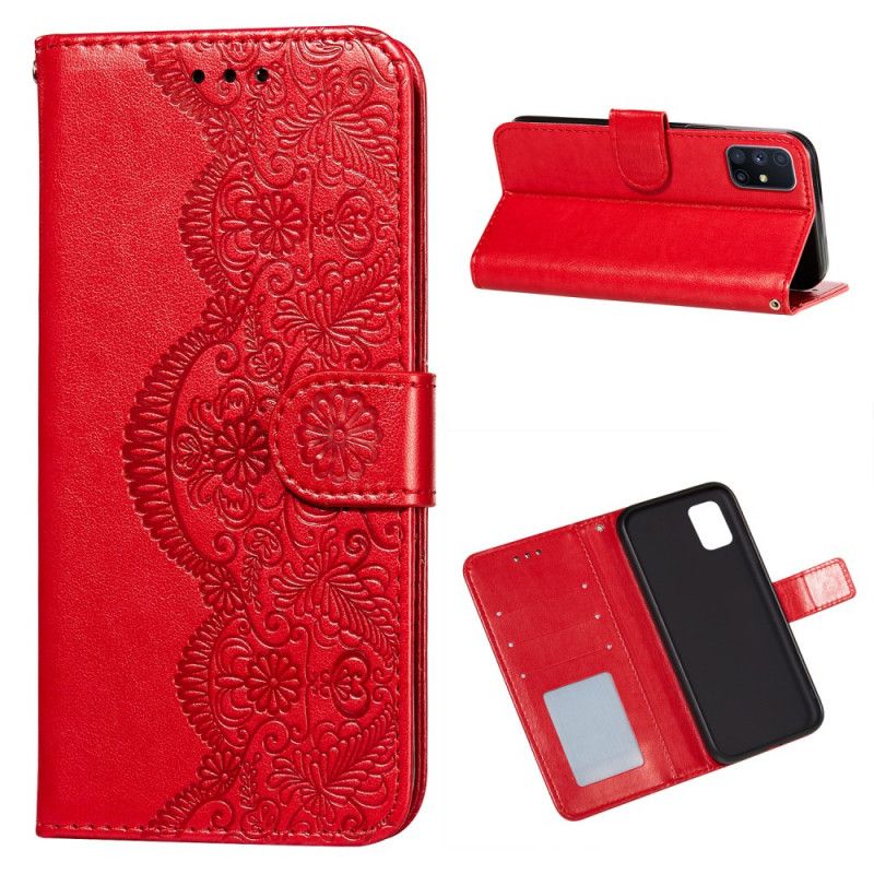 Leren Hoesje Samsung Galaxy M51 Lichtblauw Rood Bloemenborduurprint