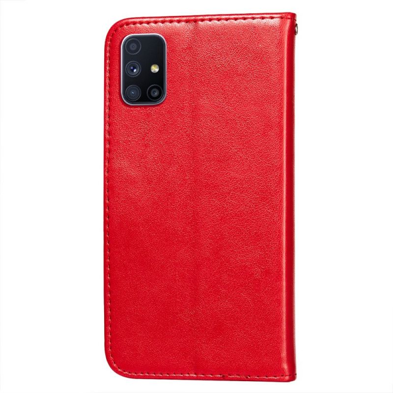 Leren Hoesje Samsung Galaxy M51 Lichtblauw Rood Bloemenborduurprint