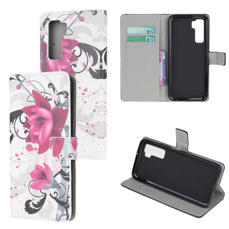 Cover Folio-hoesje Huawei P40 Lite 5G Roze Magenta Telefoonhoesje Tropische Bloemen