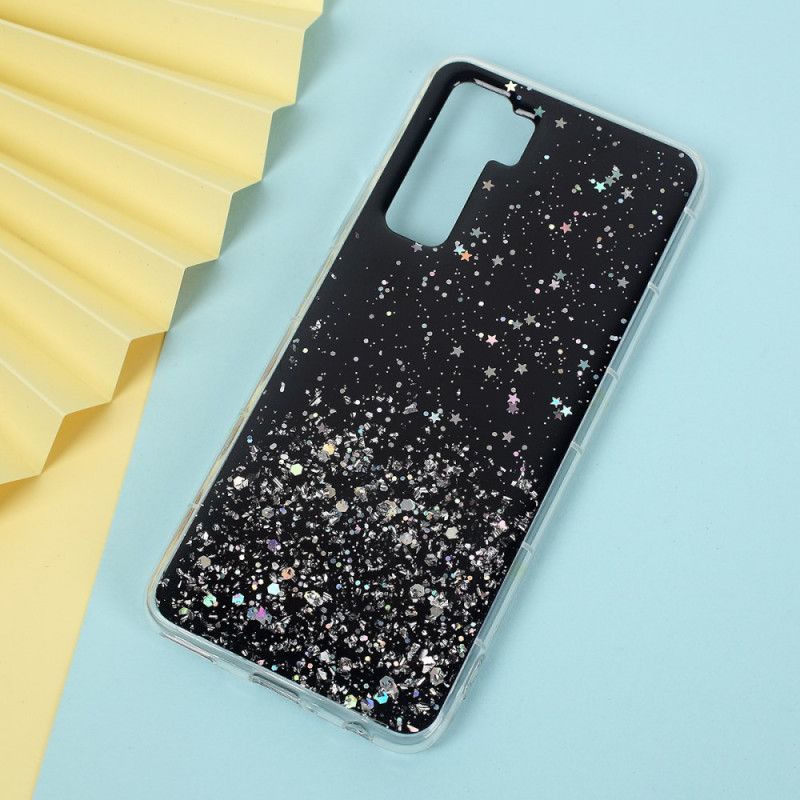 Cover Hoesje Huawei P40 Lite 5G Roze Zwart Telefoonhoesje Glitterpoeder