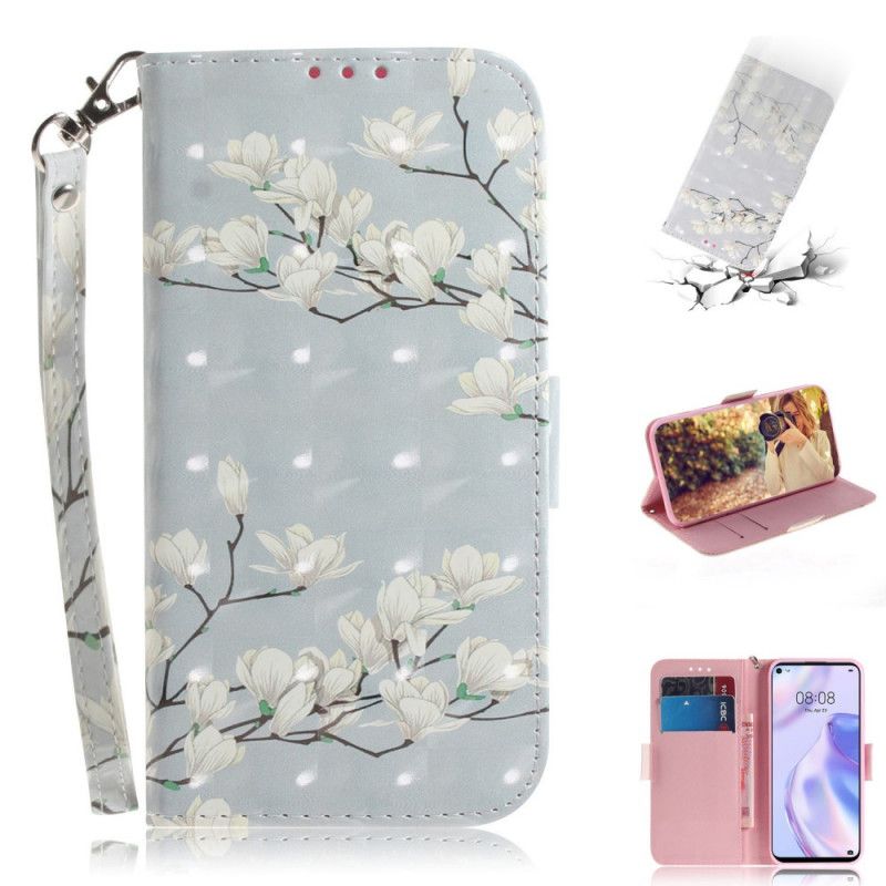 Flip Case Leren Huawei P40 Lite 5G Groen Grijs Bloeiende Boom Met String