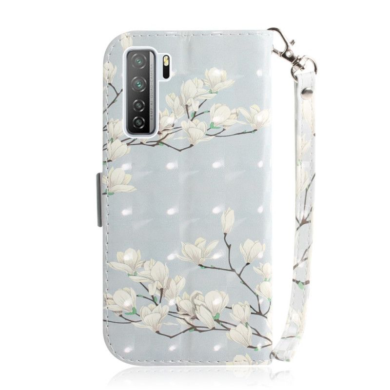 Flip Case Leren Huawei P40 Lite 5G Groen Grijs Bloeiende Boom Met String