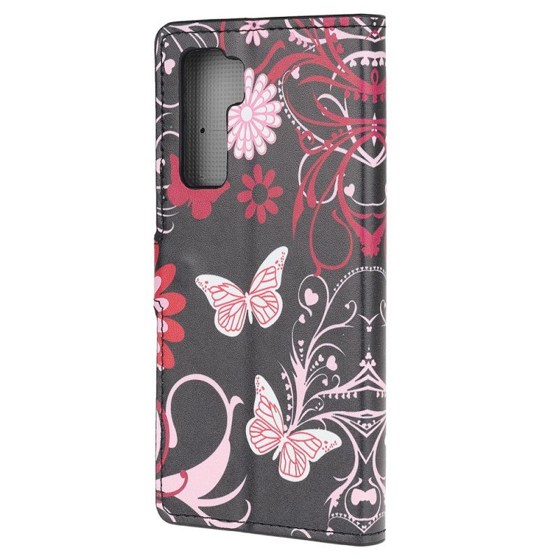 Leren Hoesje Huawei P40 Lite 5G Wit Zwart Vlinders En Bloemen 2