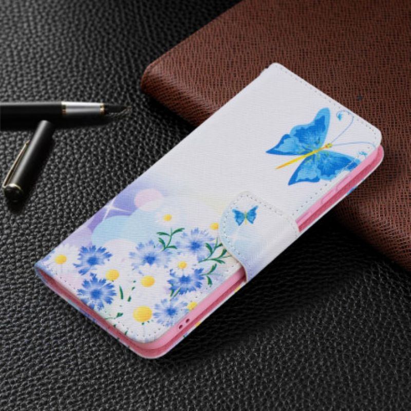 Leren Hoesje Huawei P50 Geschilderde Vlinders En Bloemen Bescherming Hoesje