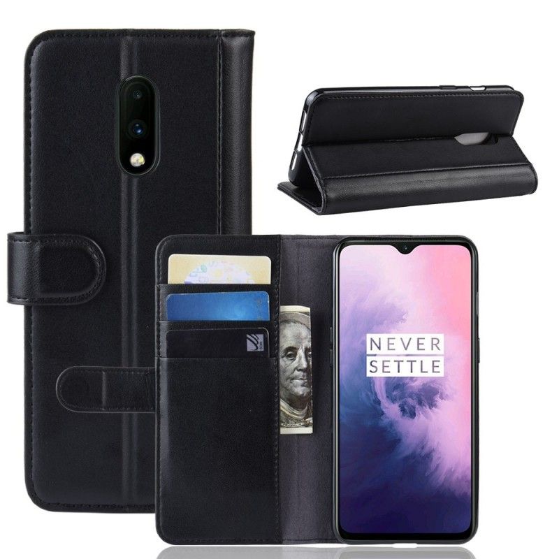 Leren Hoesje OnePlus 7 Bruin Zwart Splitleer