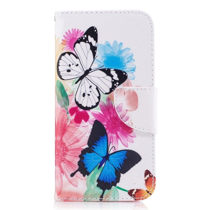 Flip Case Leren Samsung Galaxy J7 2017 Lichtblauw Roze Geschilderde Vlinders En Bloemen