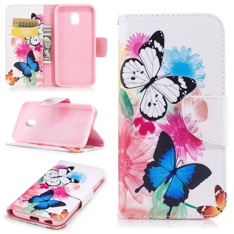 Flip Case Leren Samsung Galaxy J7 2017 Lichtblauw Roze Geschilderde Vlinders En Bloemen