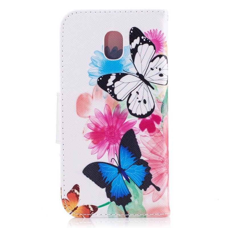 Flip Case Leren Samsung Galaxy J7 2017 Lichtblauw Roze Geschilderde Vlinders En Bloemen