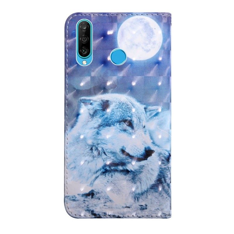 Cover Folio-hoesje Huawei P30 Lite Telefoonhoesje Wolf In Maanlicht