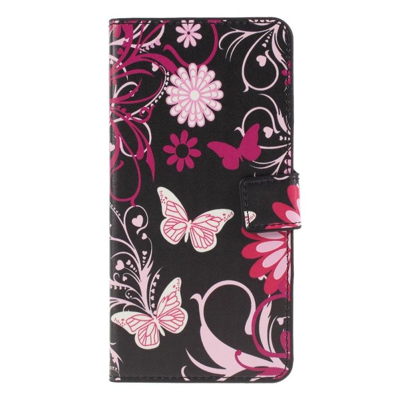 Leren Hoesje Huawei P30 Lite Wit Zwart Vlinders En Bloemen