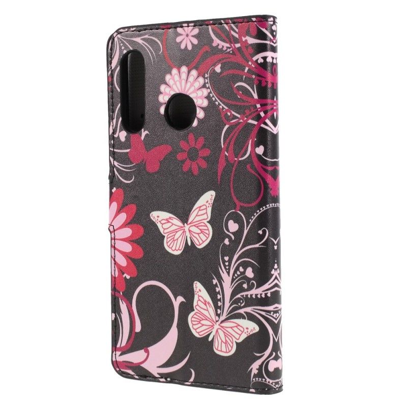 Leren Hoesje Huawei P30 Lite Wit Zwart Vlinders En Bloemen