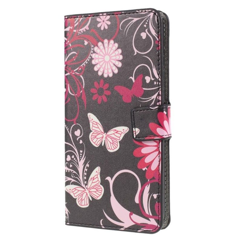 Leren Hoesje Huawei P30 Lite Wit Zwart Vlinders En Bloemen