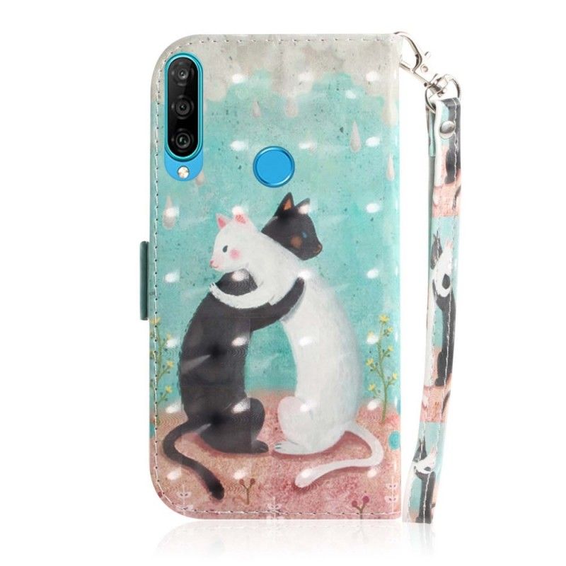 Leren Hoesje voor Huawei P30 Lite Kattenvriendjes Met String