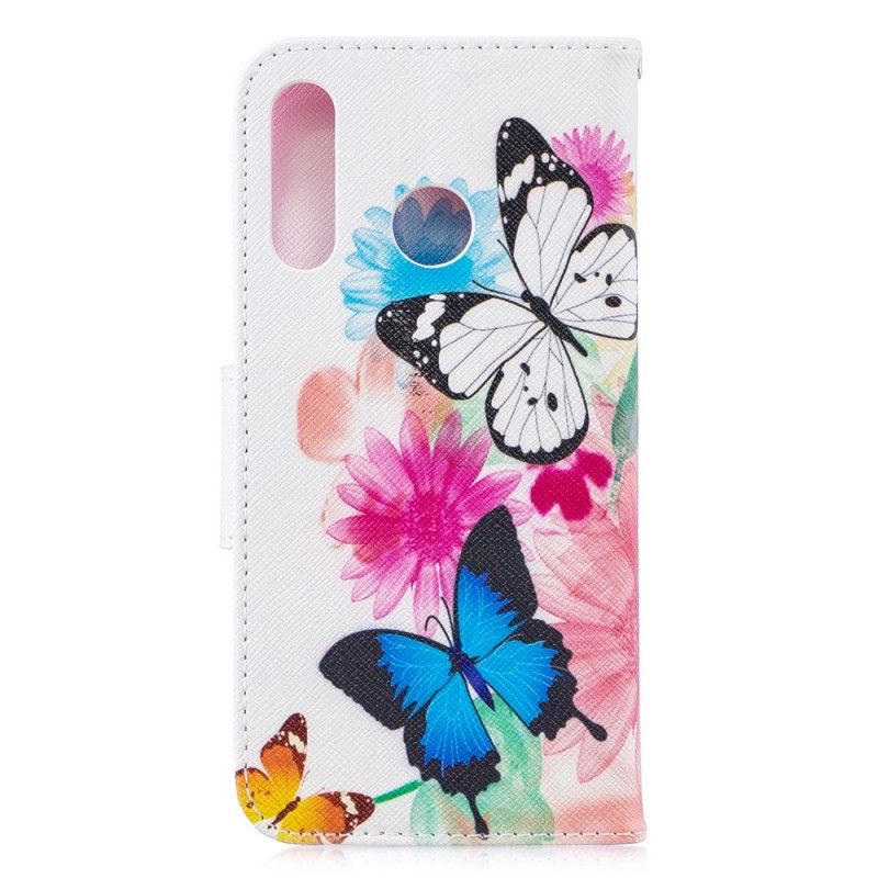 Leren Hoesje voor Huawei P30 Lite Lichtblauw Magenta Geschilderde Vlinders En Bloemen