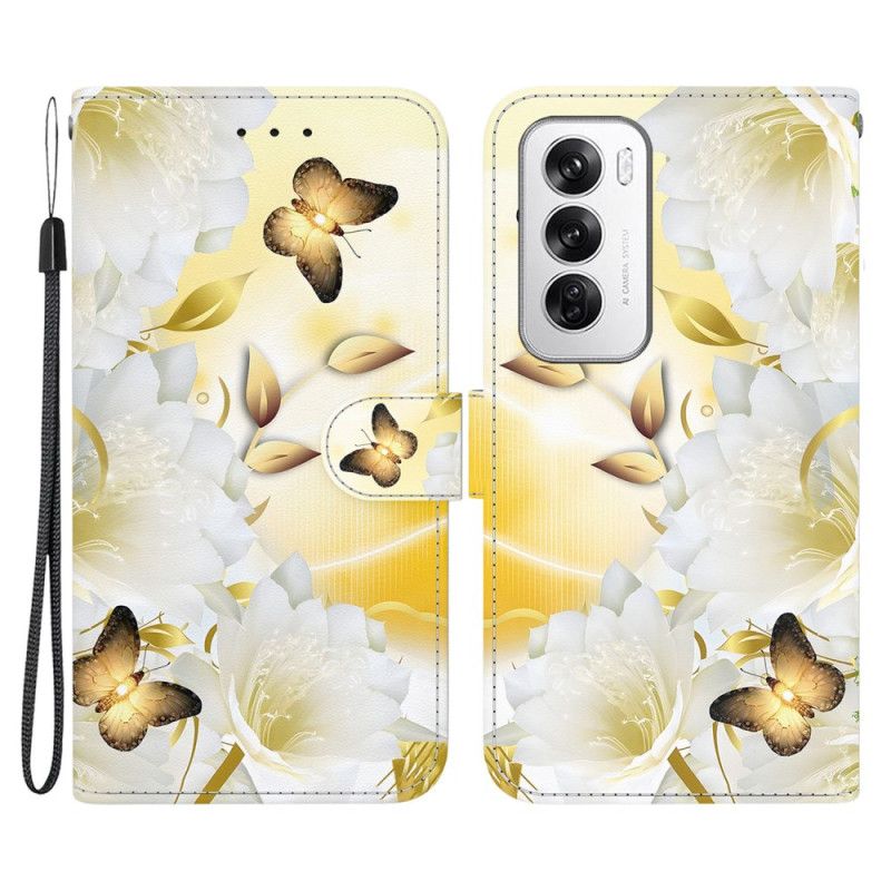 Leren Hoesje Voor Oppo Reno 12 5g Gouden Vlinders En Bloemen Met Riem