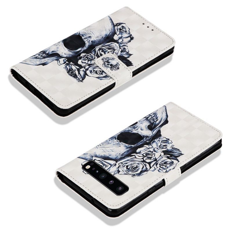 Cover Folio-hoesje Samsung Galaxy S10 5G Donkerblauw Wit Telefoonhoesje Gebloemde Schedel