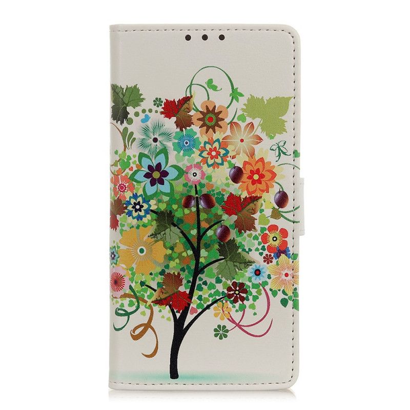 Flip Case Leren Samsung Galaxy S10 5G Lichtblauw Oranje Bloeiende Boom